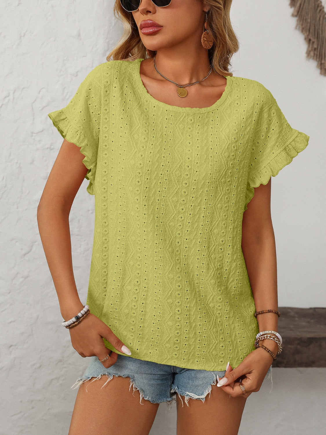 Mandy Eyelet Round Neck Short Sleeve Top - Ladyez