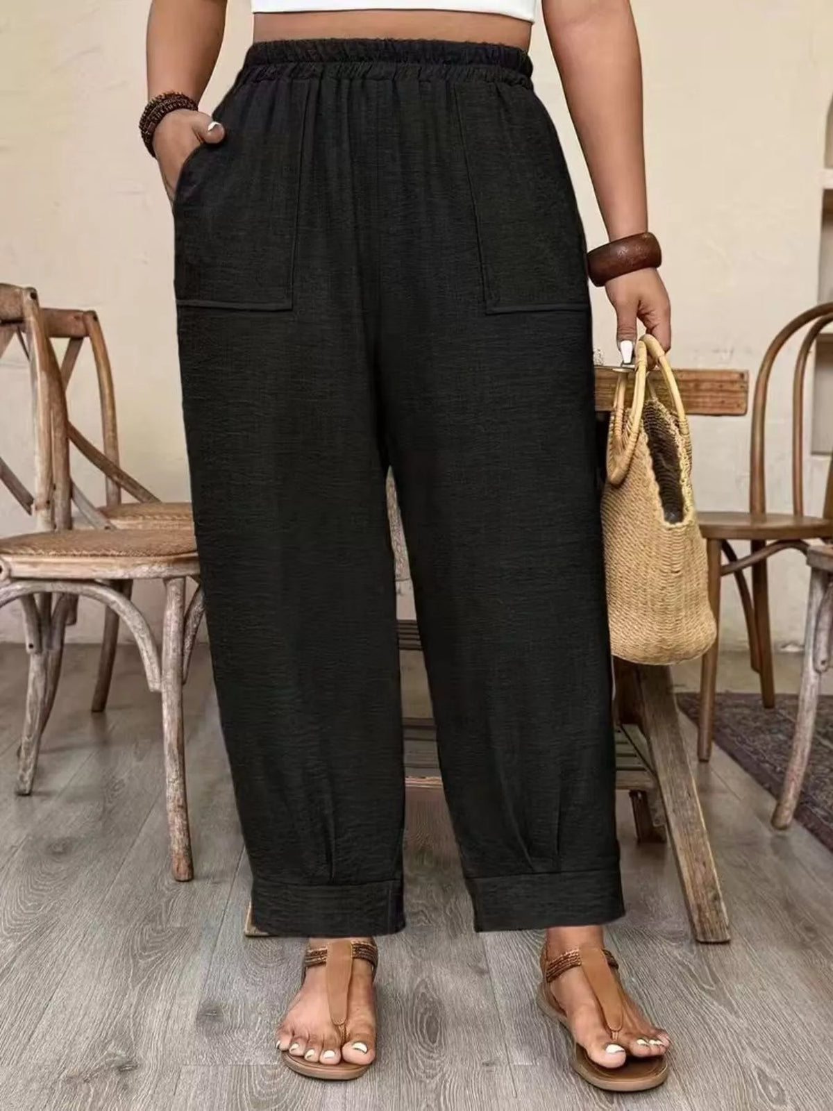 Plus Size High-Waisted Elastic Waist Pants with Pockets