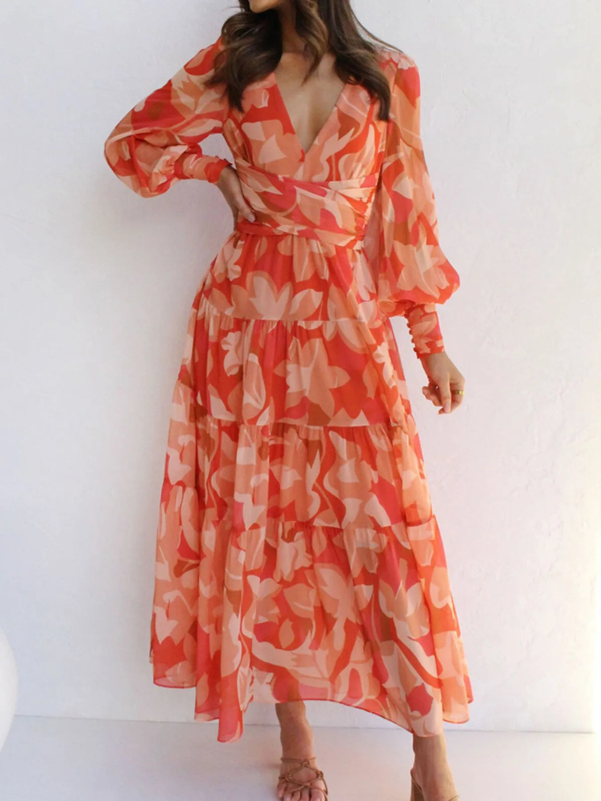 Floral Print Lantern Sleeve Maxi Dress - Ladyez