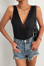 Perfee Spliced Lace Deep V Sleeveless Bodysuit - Ladyez