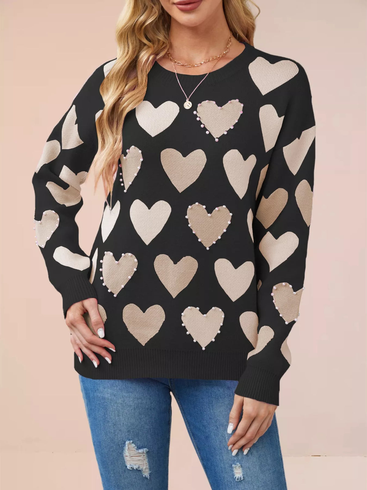 Heart Pattern Beaded Round Neck Sweater
