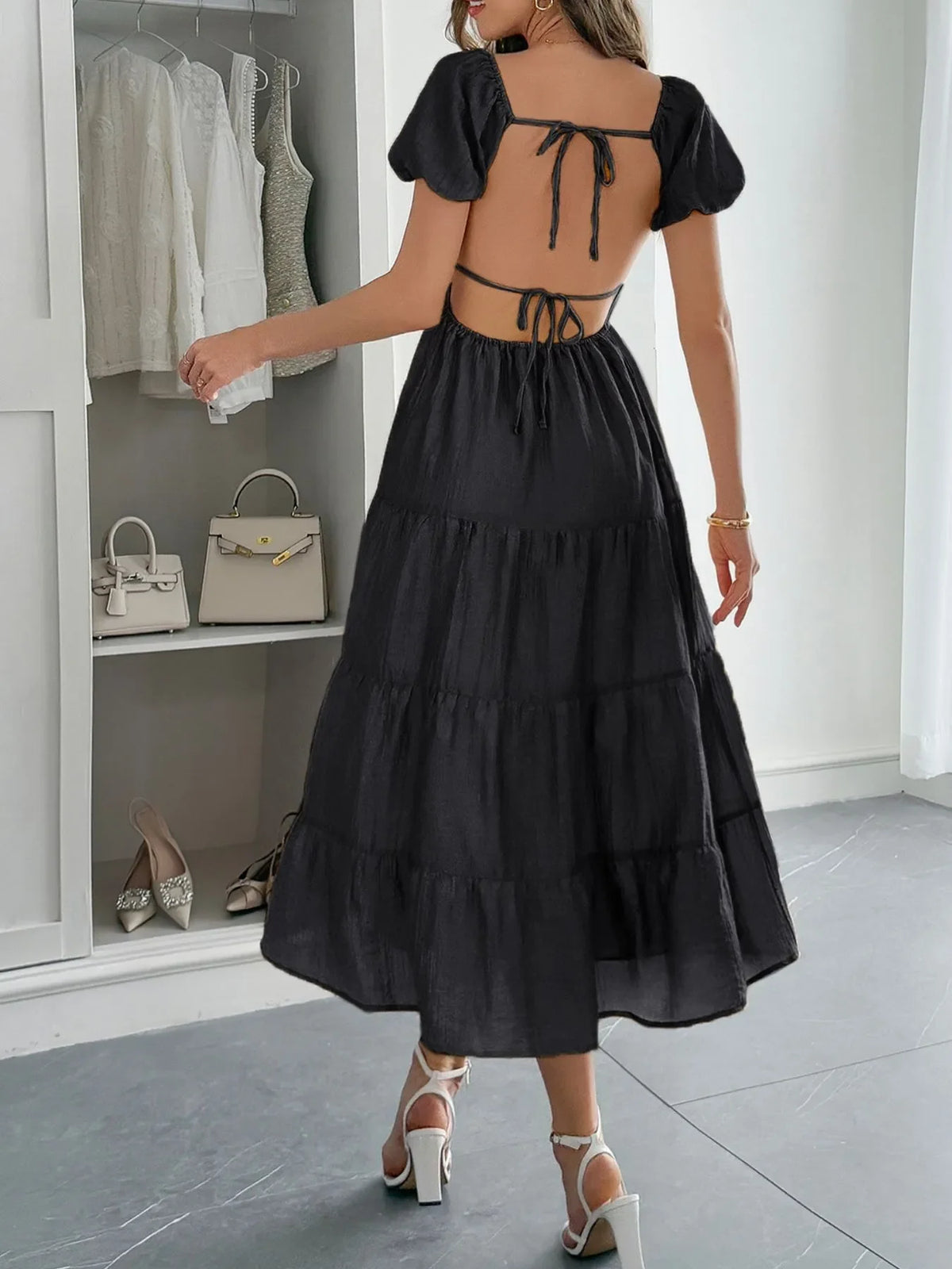 Backless Tiered Puff Sleeve Midi Dress