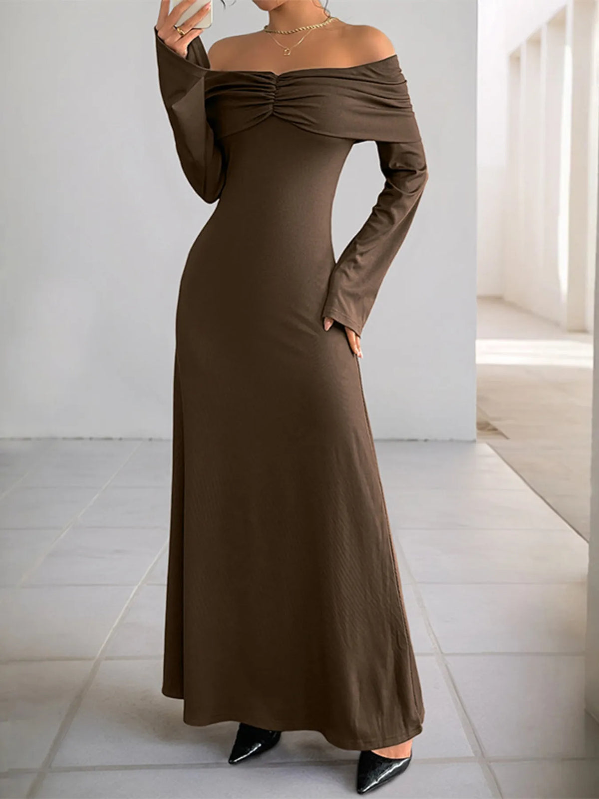Off-Shoulder Long Sleeve Bodycon Maxi Dress - Ladyez