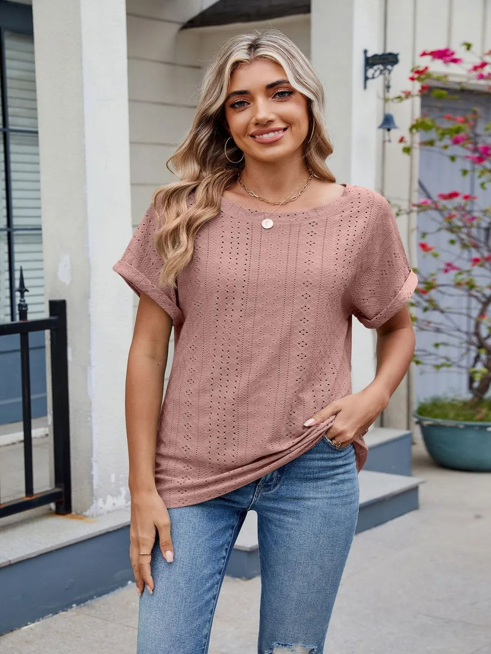 Eyelet Round Neck Short Sleeve Top