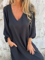 Full Size Slit V-Neck Balloon Sleeve Midi Dress Plus Size