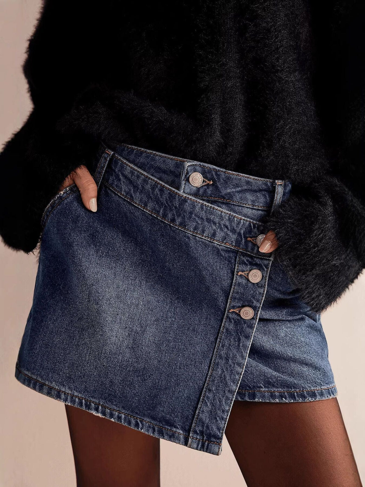 Asymmetrical Button-Front Denim Skort