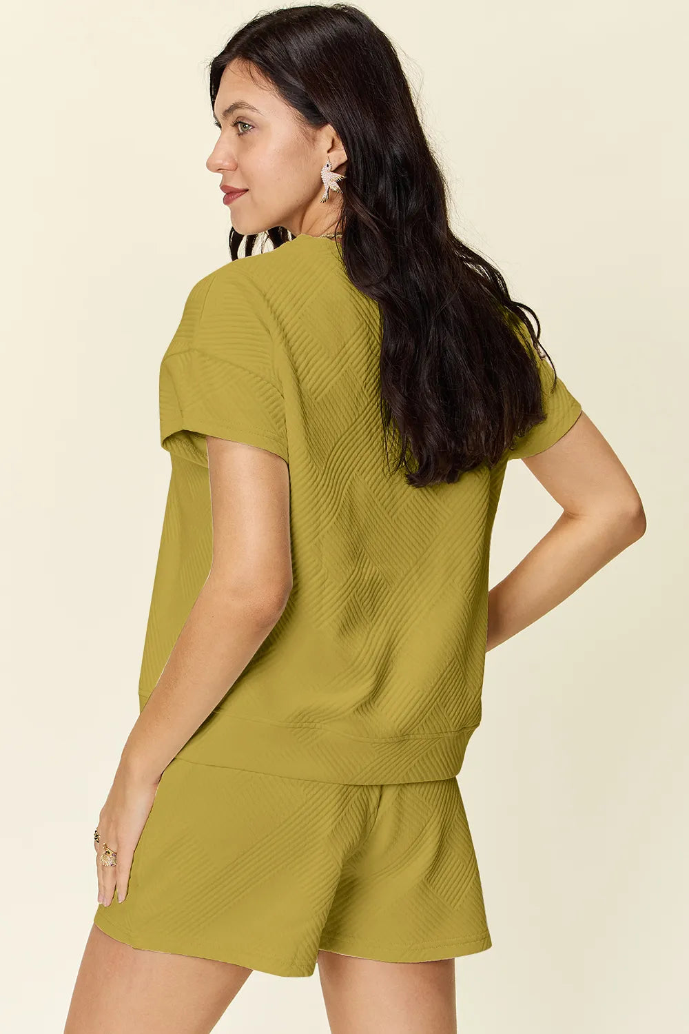 Double Take Full Size Texture Short Sleeve T-Shirt and Drawstring Shorts Set - Ladyez