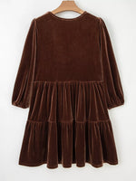 Solid Color Velvet V Neck Long Sleeve Tiered Mini Dress