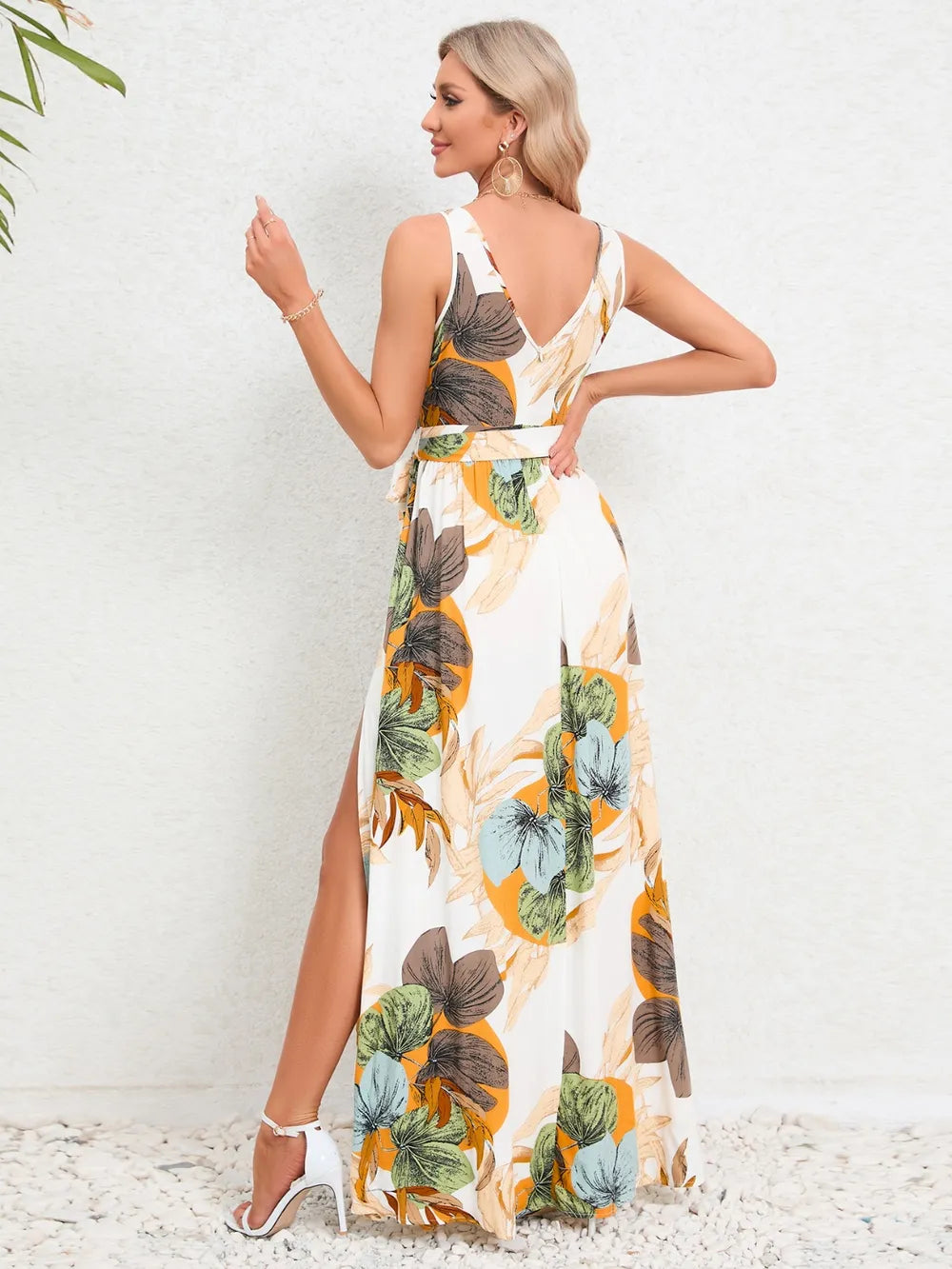 Slit Tied Printed Surplice Dress - Ladyez