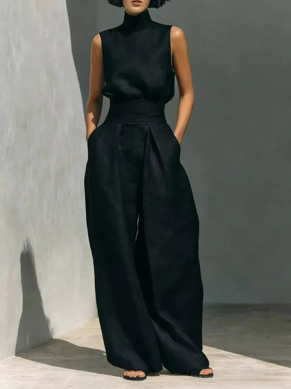 High Neck Sleeveless Top and Wide Leg Pants Set