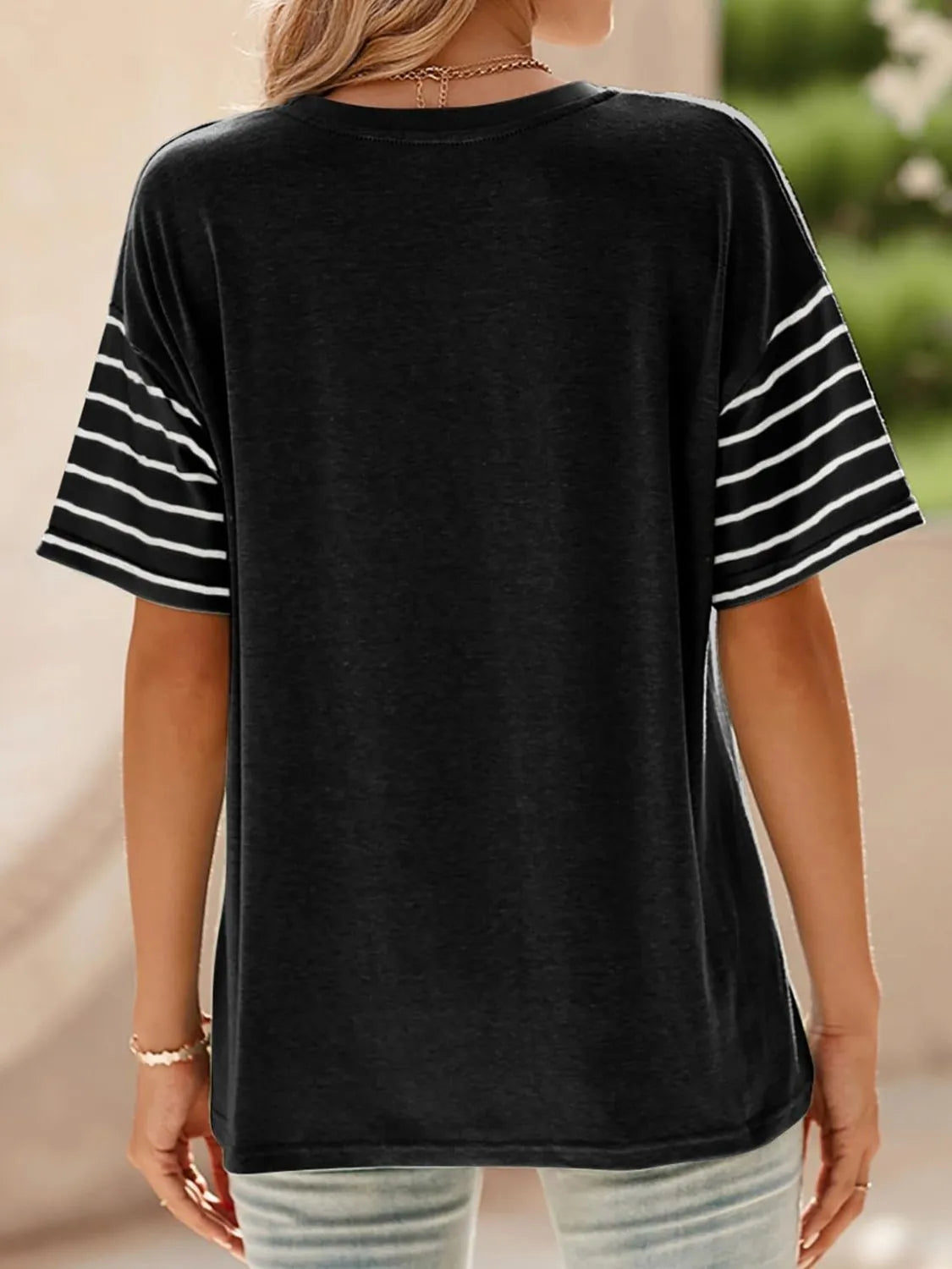 Color Block Striped Sleeve Casual T-Shirt - Ladyez