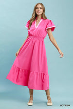 Umgee Contrast Trim Midi Dress with Tiered Ruffle Hem