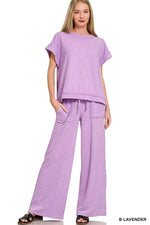 Zenana Washed Slub Short Sleeve Tee & Long Pants Set