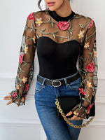 Floral Embroidered Mesh Long Sleeve Bodysuit