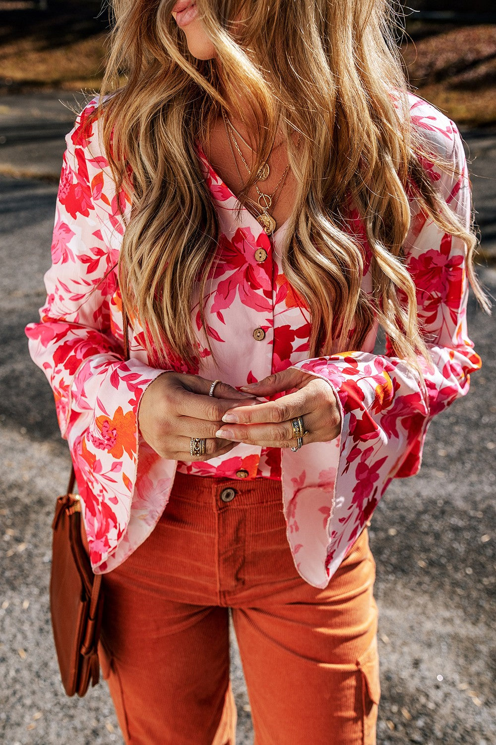 Floral Flare Sleeve Button Up V-Neck Bodysuit - Ladyez