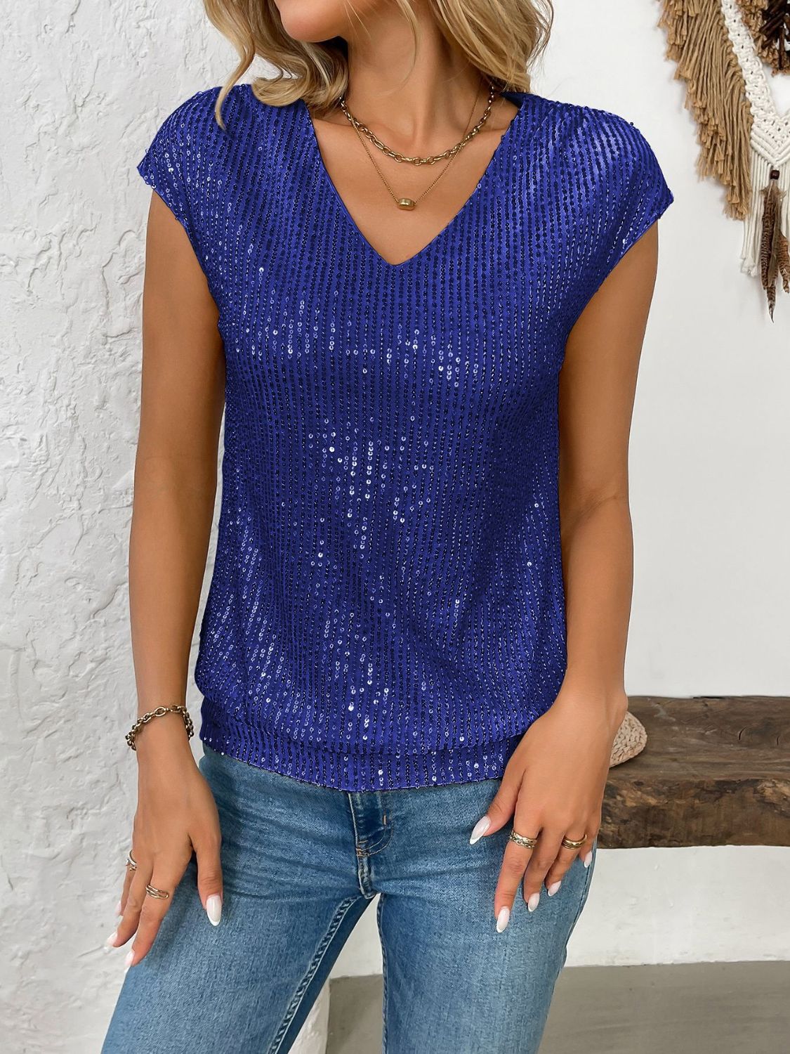 Sequin V-Neck Cap Sleeve Top - Ladyez