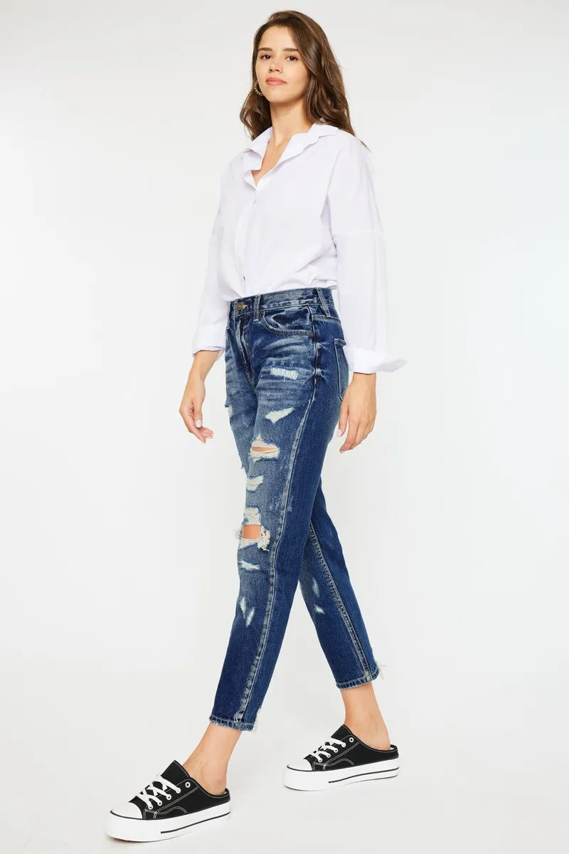 Kancan High Rise Distressed Mom Fit Jeans - Ladyez