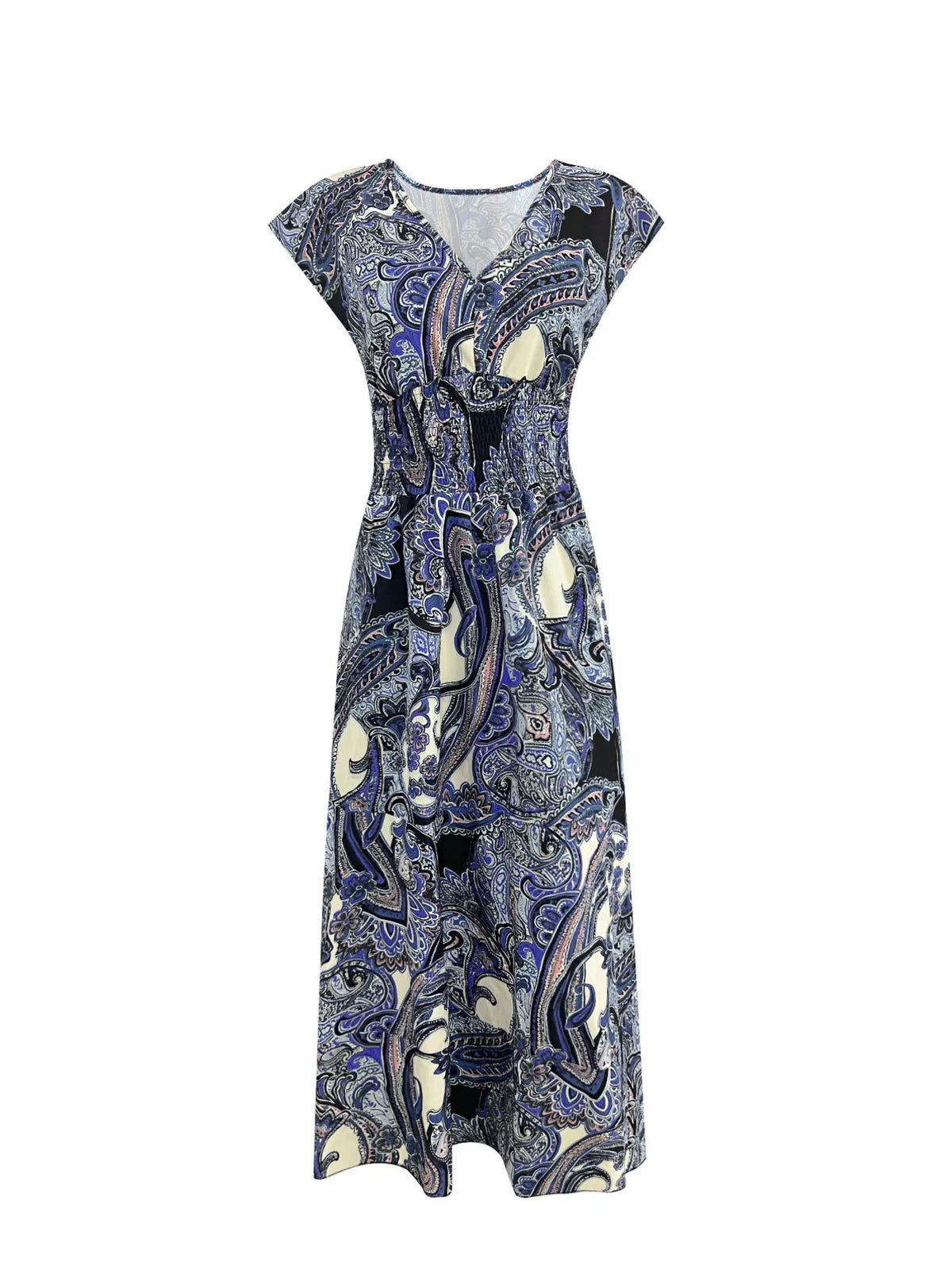 Printed V-Neck Cap Sleeve Maxi Dress