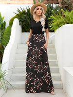 Printed Round Neck Short Sleeve Maxi Dress - Ladyez