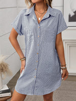 Striped Button Down Short Sleeve Mini Dress - Ladyez