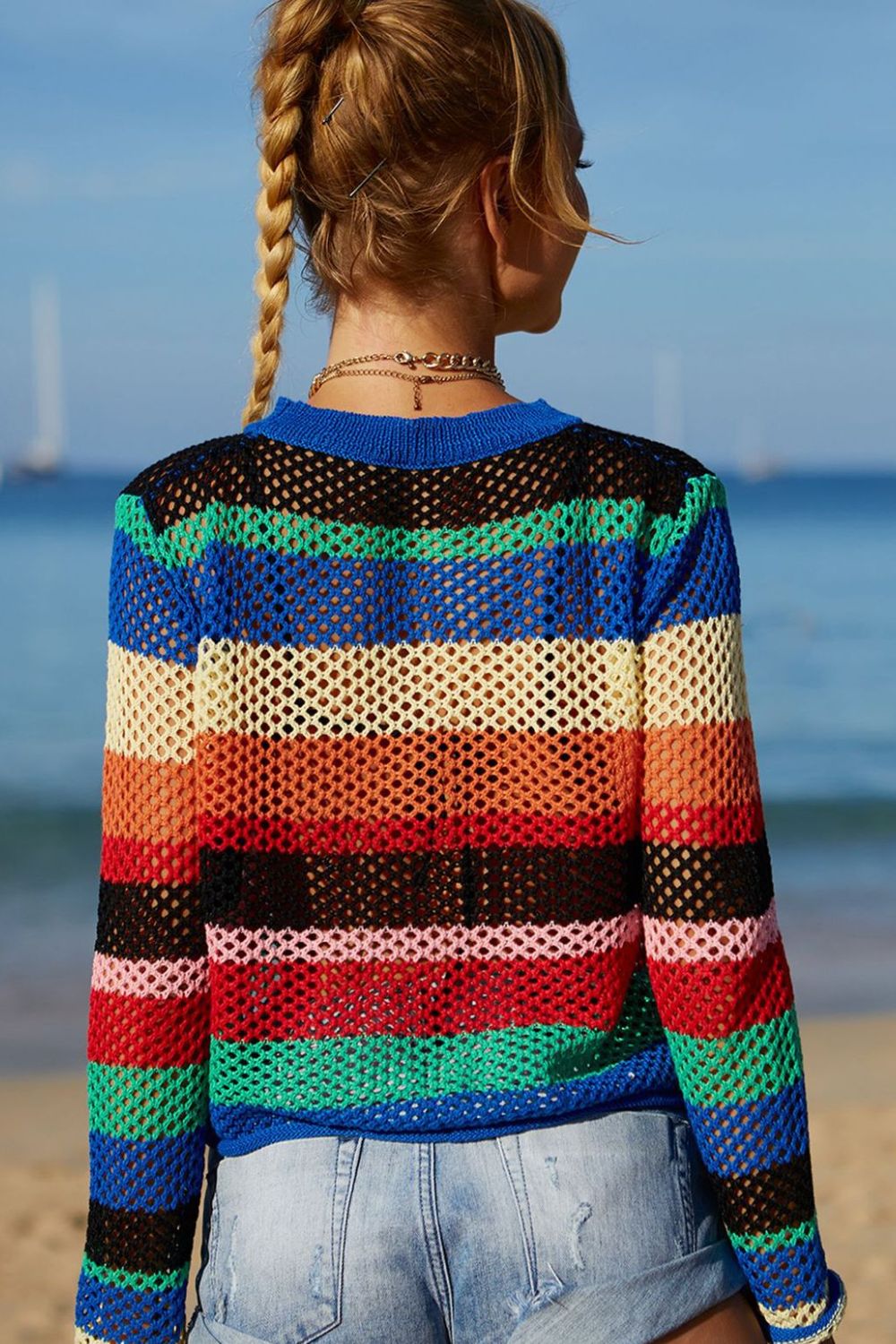 Angel Wings Rainbow Stripe Openwork Long Sleeve Cover-Up - Ladyez