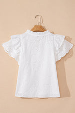 Eyelet Notched Short Sleeve Blouse
