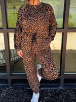 Striped Trim Leopard Long Sleeve Top Drawstring Pant Set