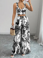 Floral Print Crop Top and Wide Leg Pants Set