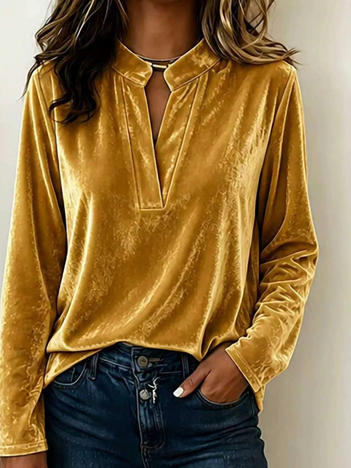 Full Size Velvet Notched Long Sleeve Top Plus Size