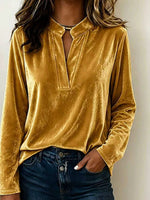 Full Size Velvet Notched Long Sleeve Top Plus Size
