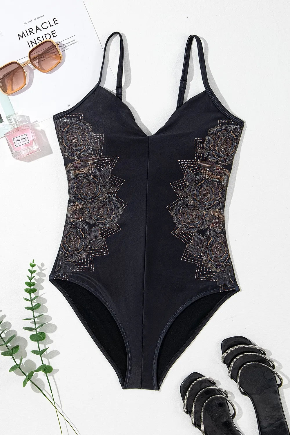 Embroidered V-Neck One-Piece Swimwear - Ladyez