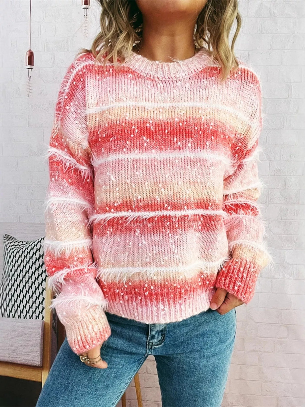 Gradient Striped Round Neck Sweater