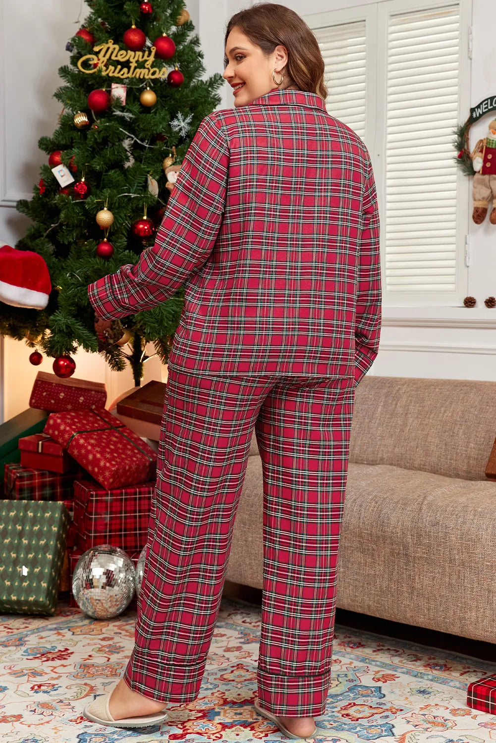 Plus Size Plaid Collared Neck Top and Pants Lounge Set - Ladyez