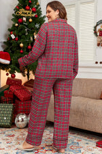 Plus Size Plaid Collared Neck Top and Pants Lounge Set - Ladyez