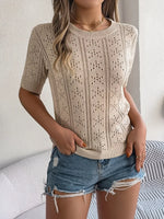 Openwork Round Neck Short Sleeve Knit Top