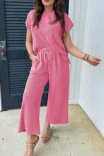 Corded Knit Short Sleeve T-Shirt and Wide Leg Pants Set
