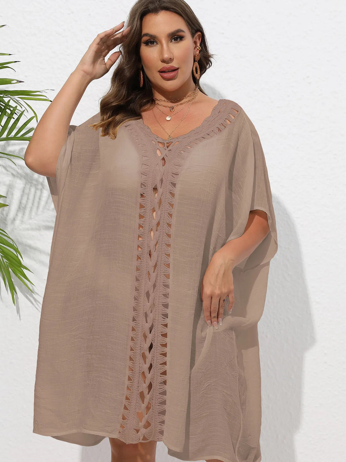Crochet Trim V-Neck Beach Cover Up Dress - Ladyez