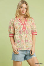 Umgee Mix Floral Puff Sleeve Blouse with Contrast Trim