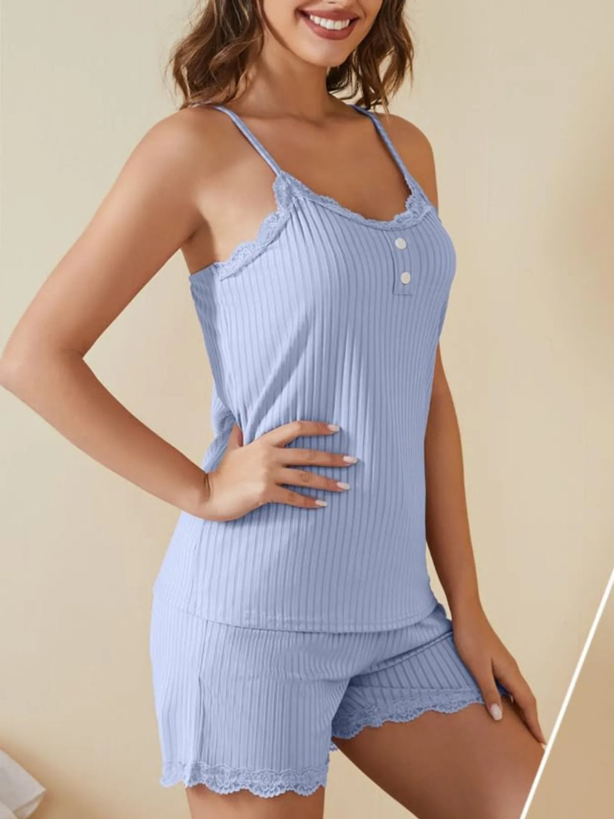 Lace-Trimmed Ribbed Cami and Shorts Lounge Set - Ladyez