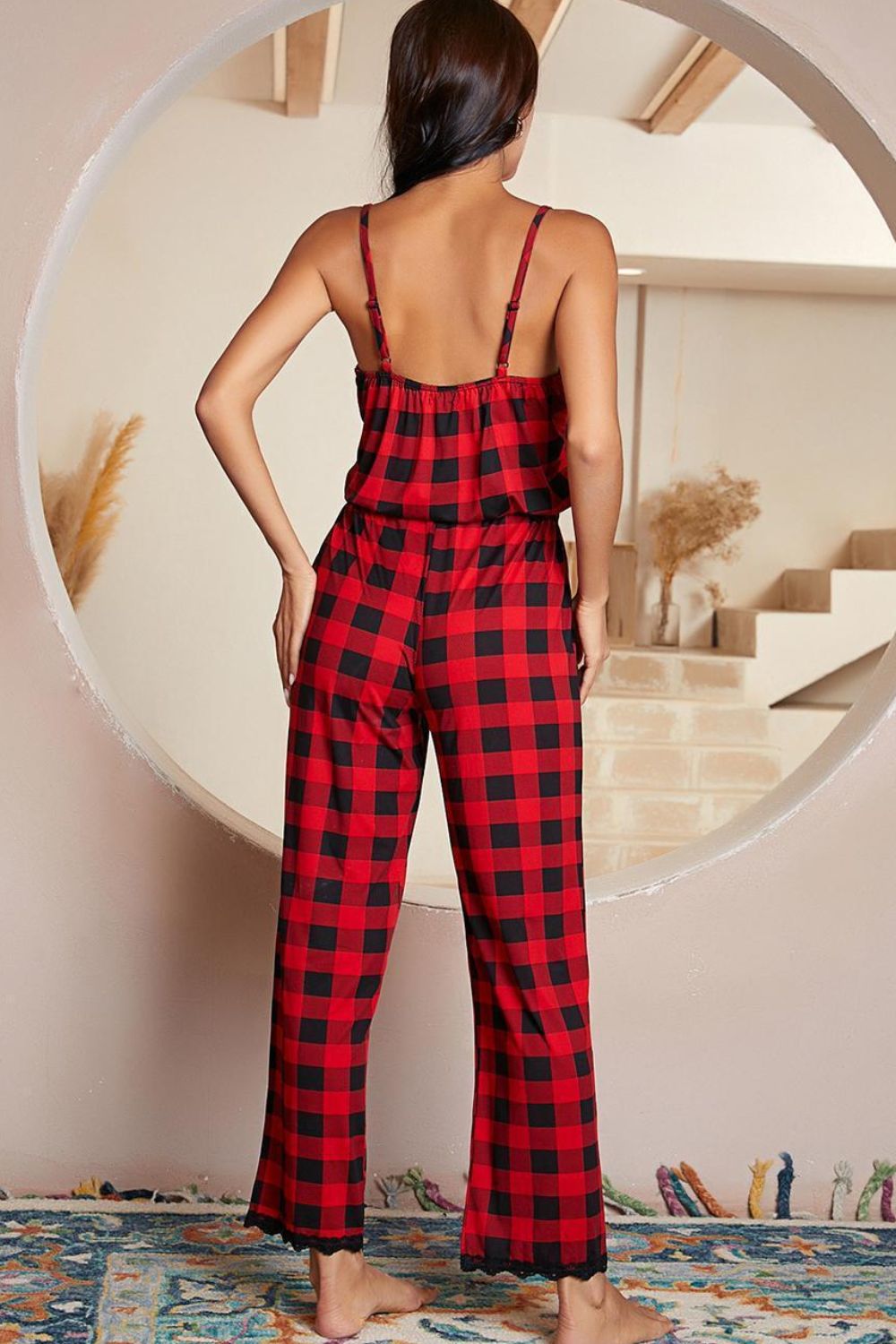 Plaid Lace Trim Spaghetti Strap Jumpsuit - Ladyez