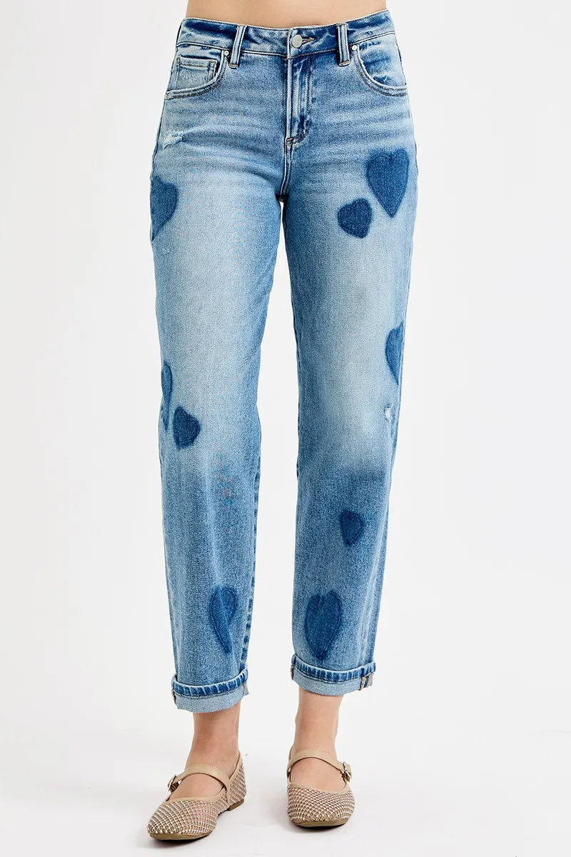 RISEN Full Size Mid Rise Fit-boyfriend Heart Shade Jeans Plus Size - Ladyez