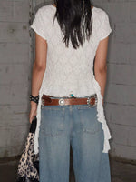 Ruffle Trimmed V-Neck Short Sleeve Lace Top