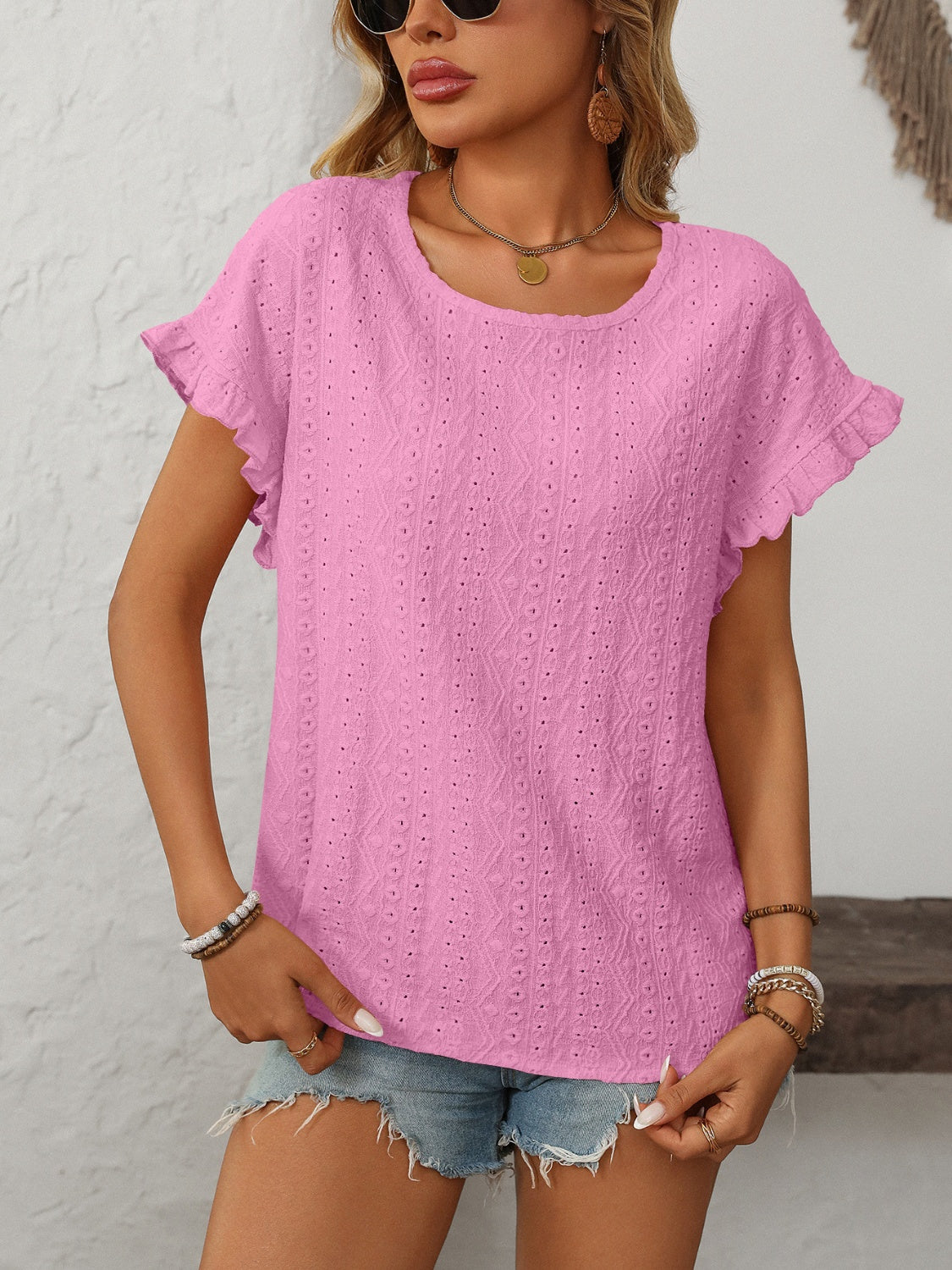 Mandy Eyelet Round Neck Short Sleeve Top - Ladyez