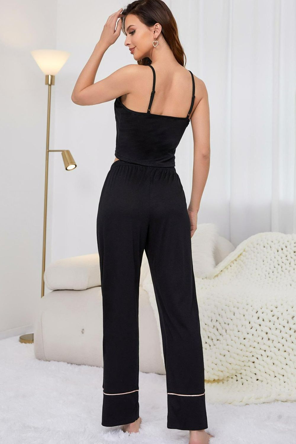 Contrast Trim Cropped Cami and Pants Loungewear Set - Ladyez