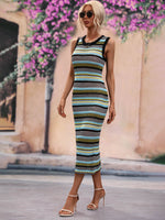 Striped Round Neck Sleeveless Midi Cover Up Dress - Ladyez