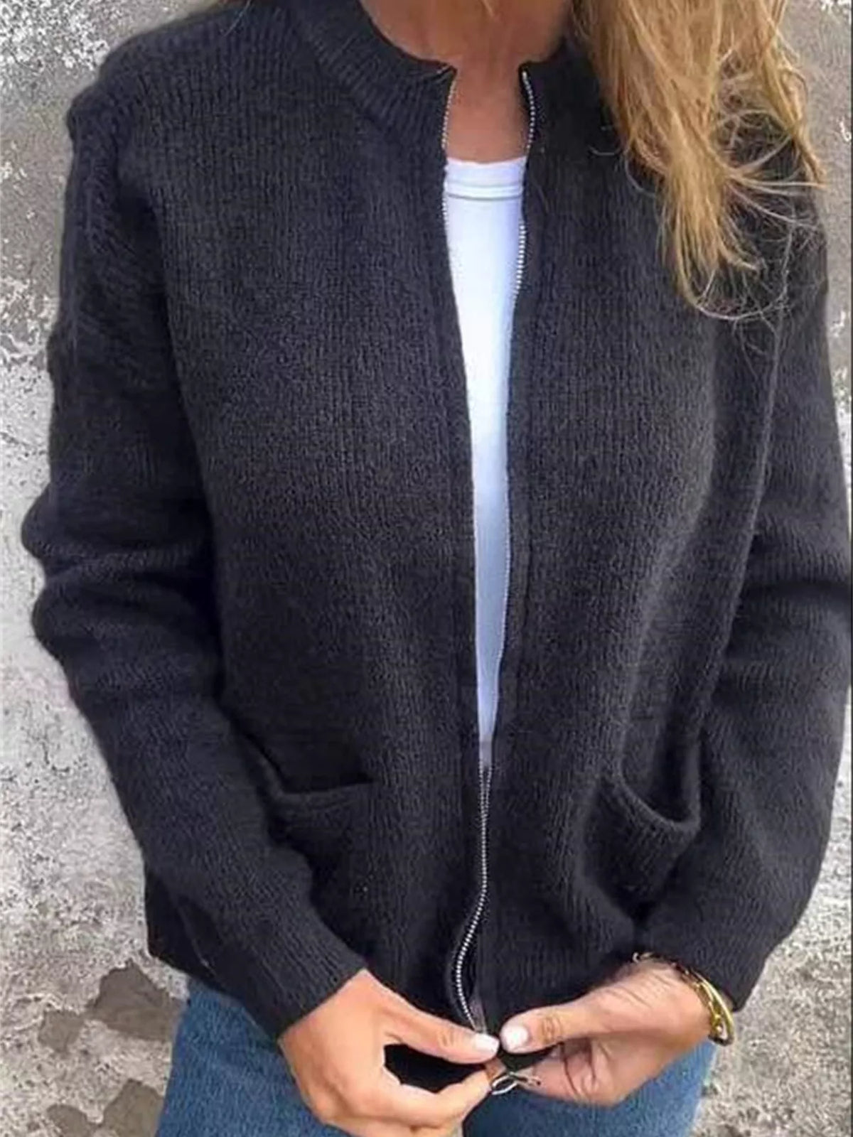 Full Size Zip Up Ribbed Knit Cardigan with Front Pockets Plus Size