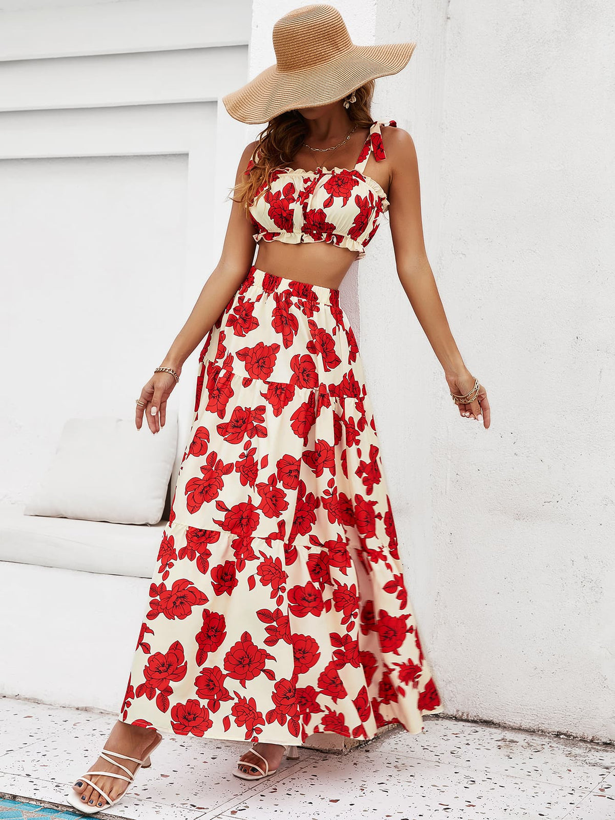 Honey Floral Tie Shoulder Top and Tiered Maxi Skirt Set - Ladyez
