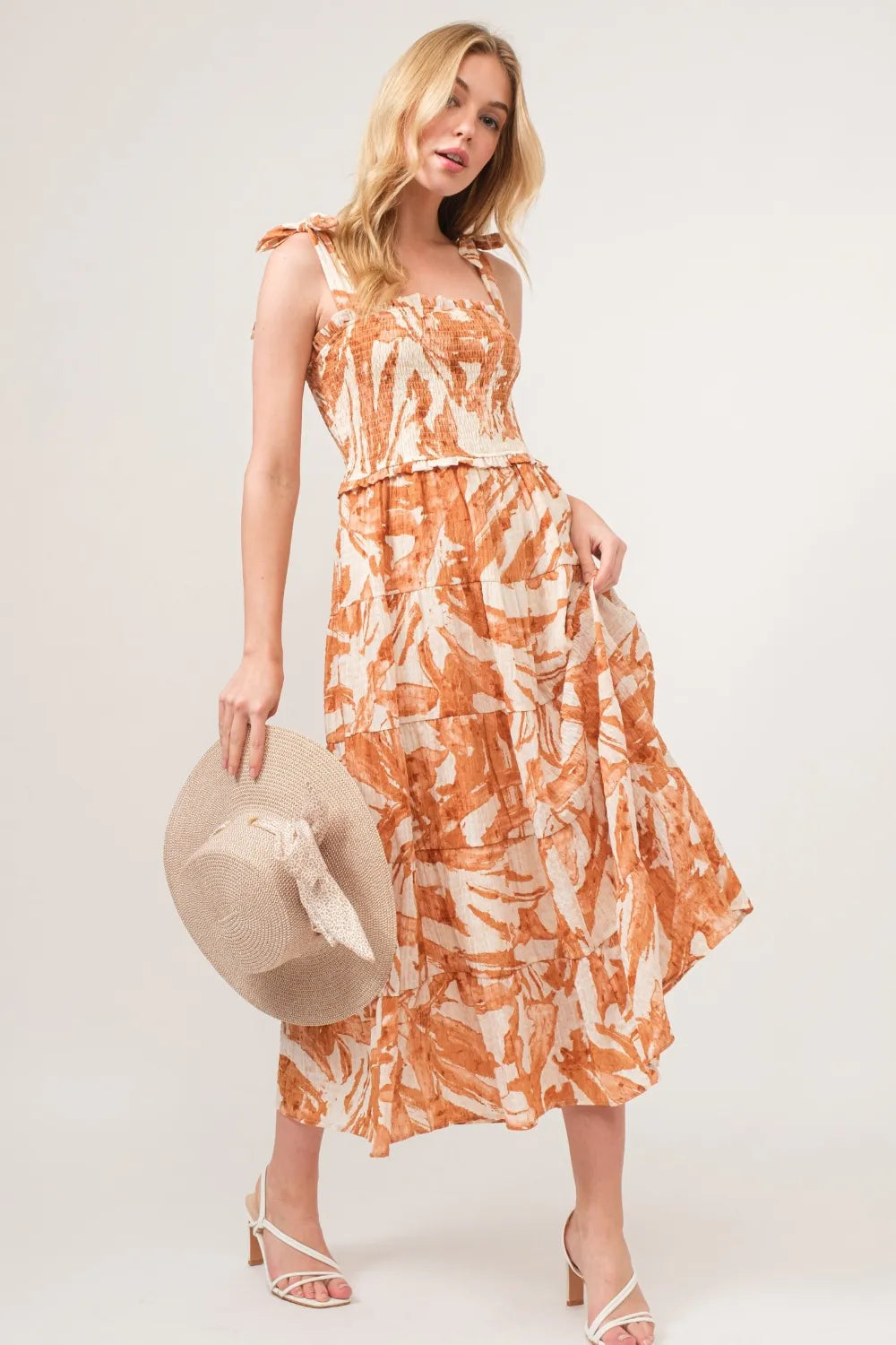 And The Why Tie Shoulder Smocked Midi Tiered Dress - Ladyez