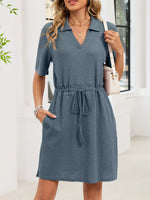 Casual Knit Polo Collar Drawstring Waist Dress