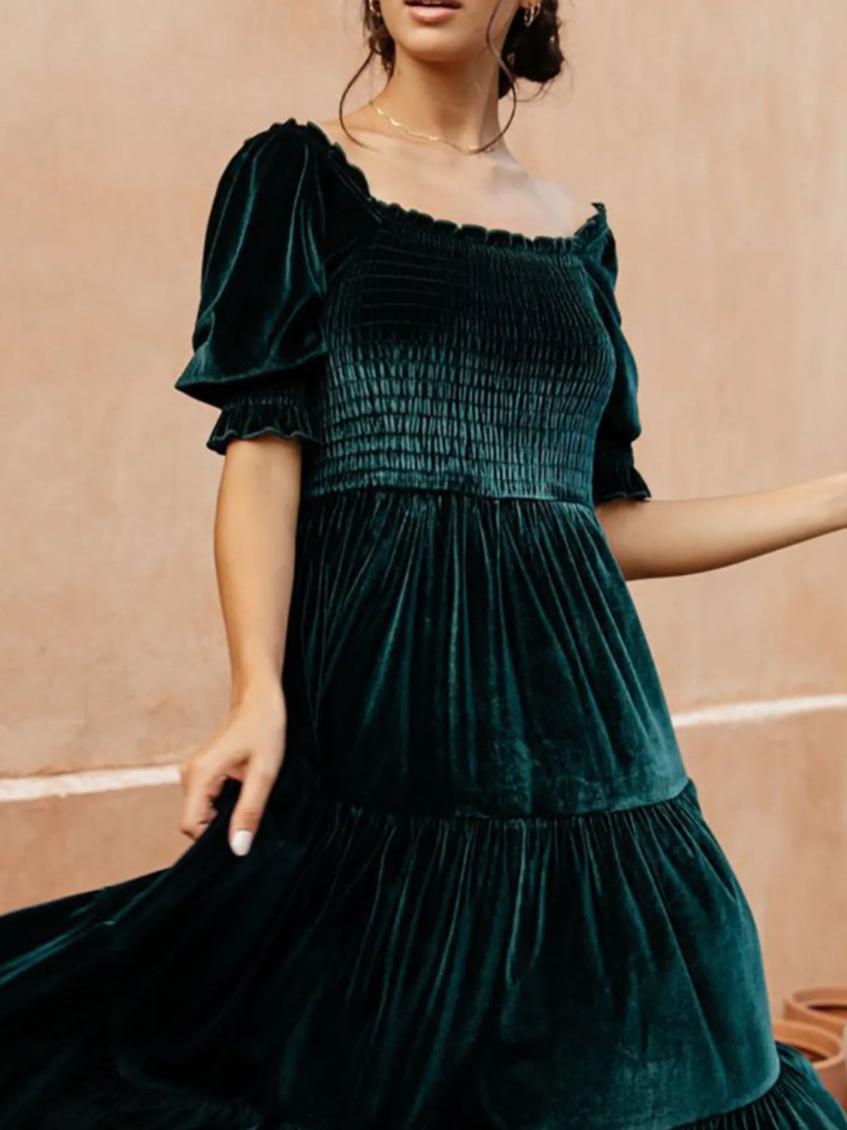 Smocked Half Sleeve Tiered Midi Dress - Ladyez